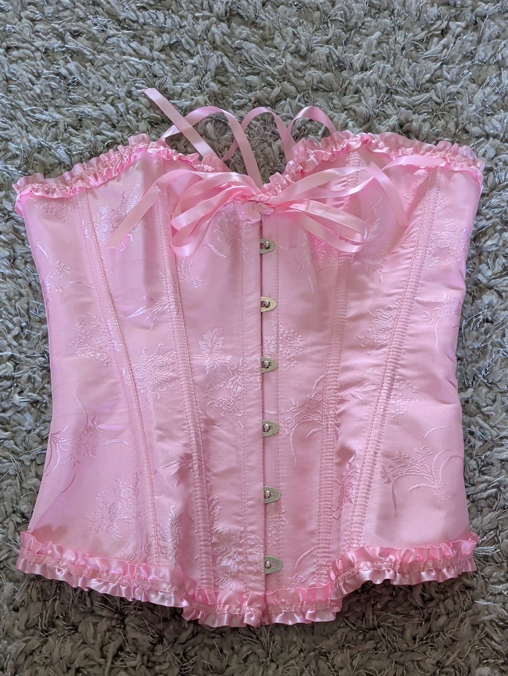Pink Satin Floral Corset Top with Ribbon Trim